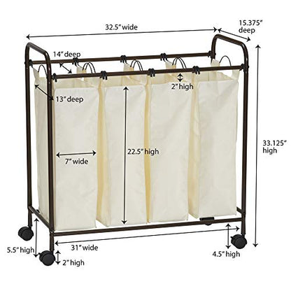 Household Essentials 7173 Rolling Quad Laundry Sorter with Removable Hamper Bags | Antique Bronze Frame - color: Natural/Bronze