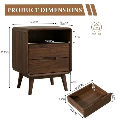 Walnut Nightstand Set of 2, Solid Wood Nightstand with Drawers & Open Storage Shelf, Mid Century Modern Nightstands, Wood End Table for Bedroom, (Dark Black Walnut, 23.23" H) - color: Dark Walnut, style: 2 Drawer & Open Storage-2