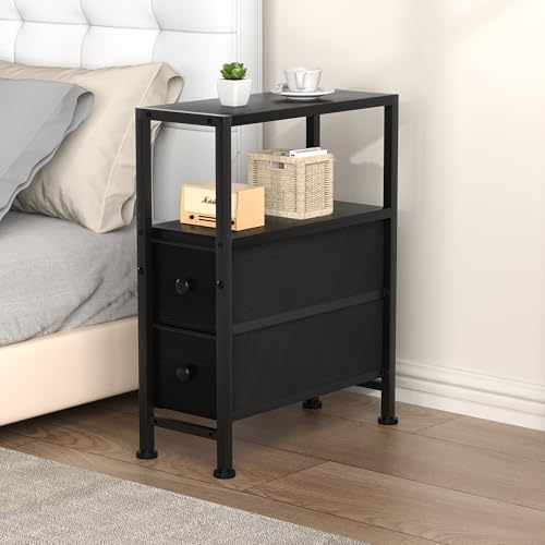 Small Narrow Side Table with Drawers, Skinny End Table for Small Spaces, Slim Nightstand with Storage, Sofa Bedside Table in Living Room, Bedroom, Study, Kitchen and Balcony (Black) - color: Black