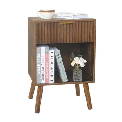 Fultyle Mid Century Modern Nightstand, Wood Bedside Table with Drawer and Open Storage, End Table Living Room Fluted Night Stand with Solid Wood Legs for Bedroom (Rustic Brown) - color: Rustic Brown