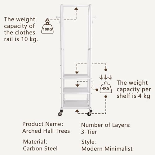 Dttwacoyh Clothing Rack with Wheels,Narrow Metal Garment Rack,White | Easy to install, 71.8 Inches Display Rack with 4 Side Hooks & 3 Shelves,for Small Flats, Bedroom, Entryway,White Clothes Rack - color: White