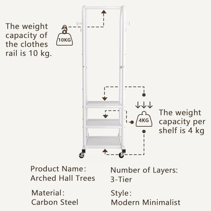 Dttwacoyh Clothing Rack with Wheels,Narrow Metal Garment Rack,White | Easy to install, 71.8 Inches Display Rack with 4 Side Hooks & 3 Shelves,for Small Flats, Bedroom, Entryway,White Clothes Rack - color: White