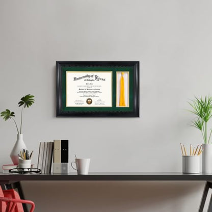 GMFrames 8.5x11 Diploma Frame with Tassel Holder, Solid Wood & Tempered Glass, Green over Gold Mat, Black Finish with Intricate Black Rope Detail - color: Black / Green Gold Mat, size: 11x17 for 8.5x11 with Tassel