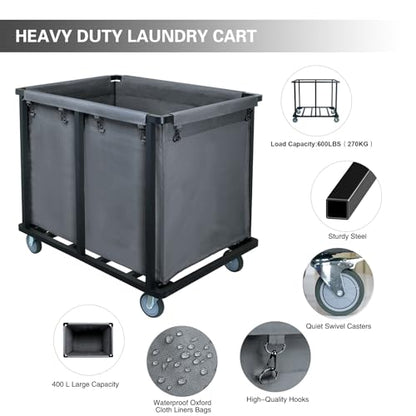 Commercial Laundry Cart with Wheels,600lbs Gray | 400L Large Commercial Laundry Hamper,Steel Frame and Oxford Cloth Bag,Industrial Laundry Cart for Hotel,Laundry Room - color: Gray