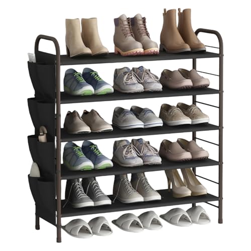 SUOERNUO Shoe Rack Storage Organizer 5 Tier Free Standing Metal Shoe Shelf Shoe Organizer with Side Shoes Pockets for Entryway Closet Bedroom, Bronze - color: Bronze, size: 5 Tier