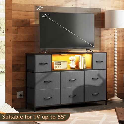 WLIVE Grey Dresser TV Stand for 45, 50, 55 inch TV, Entertainment Center with LED Lights & Charging Station, Chest of Drawers with 8 Fabric Drawers and Open Storage Shelves for Living Room, Hallway - color: Dark Gray
