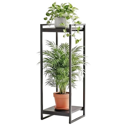 34" Tall Indoor Plant Stand, 2-Tier Flower Pot Rack, Black | Modern Minimalist Look, Wood Finish, for Living Room, Bedroom, Balcony, Space-Saving, Sturdy Metal Frame