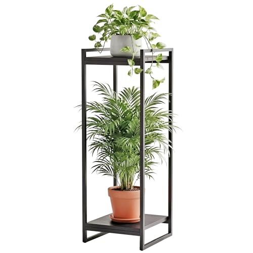 34" Tall Indoor Plant Stand, 2-Tier Flower Pot Rack, Black | Modern Minimalist Look, Wood Finish, for Living Room, Bedroom, Balcony, Space-Saving, Sturdy Metal Frame