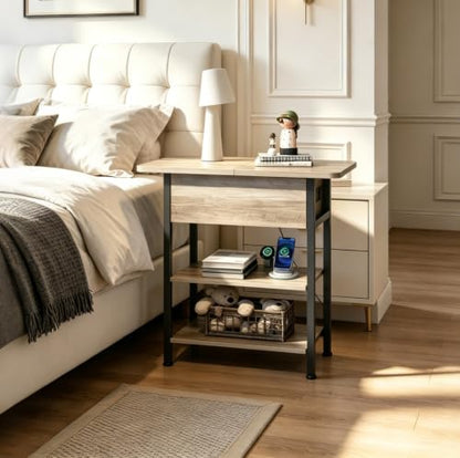 WLIVE 3-Tier End Table with Charging Station, Flip Top Narrow Side Table with Storage Shelf, Small Nightstand with USB Ports and Outlets,Bedside Table for Living Room, Bedroom - color: Greige