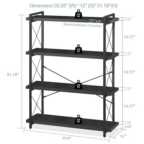HCHQHS Bookshelf, 4-Tier Industrial Bookcase, Black Open Book Shelf, Freestanding Tall Bookshelves with Metal Frame - color: Ebony Black, size: 4-Tier (35.8"W x 51.2"H)