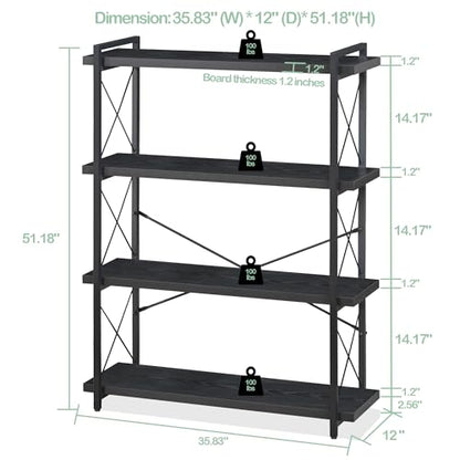 HCHQHS Bookshelf, 4-Tier Industrial Bookcase, Black Open Book Shelf, Freestanding Tall Bookshelves with Metal Frame - color: Ebony Black, size: 4-Tier (35.8"W x 51.2"H)