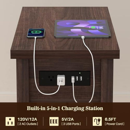 Armocity Narrow End Table with Charging Station - Farmhouse Side Table with Drawer, 14" Wide Wood Nightstand Slim Couch Bedside Table for Living Room Bedroom Small Spaces, Black Walnut - color: Black Walnut, size: 1 Pack