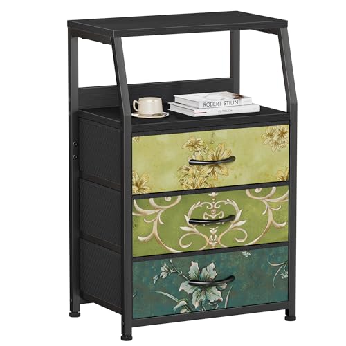 Furnulem Retro Night Stand with 3 Drawer, Small Vintage Storage Dresser | Small Fabric Nightstand Side Table with 2-Tier Shelf, Storage Drawer for Dorm, Closet, Bedside Table, Metal Frame, Wood Top - color: Vintage Floral, style: 3 Drawers