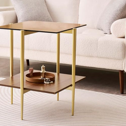 LumFurn Glass End Table, Mid-Century Modern Design Sofa Table, L41 x W21 x H17, for Living Room, 2-Tier Structure, Clear Glass Top and Walnut MDF Shelf, Sleek Conical Metal Legs with Gold Finish Frame - color: Amber & Walnut, size: L41" End Table