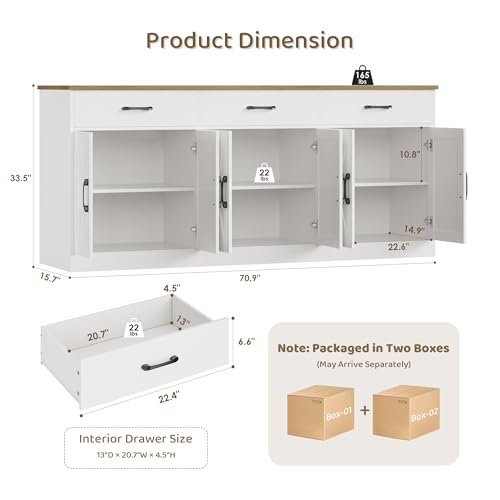 HOSTACK 71"W Farmhouse Kitchen Sideboard Buffet Cabinet with Storage, White | Large Coffee Bar Cabinet with 3 Wide Drawers, Long Buffet Table with Shelves, Kitchen Storage Cabinet for Dining Room - color: White