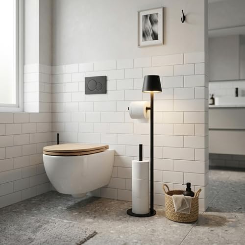Black Toilet Paper Holder Stand with Storage, Free Standing Toilet Paper Holder for Bathroom, Toilet Paper Storage Stand with Wireless Lamp, Freestanding Toilet Paper Holder