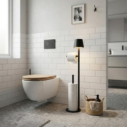 Black Toilet Paper Holder Stand with Storage, Free Standing Toilet Paper Holder for Bathroom, Toilet Paper Storage Stand with Wireless Lamp, Freestanding Toilet Paper Holder