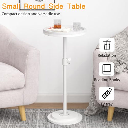 Small Side Table, Drink Table, Height Adjustable Round End Table, Pedestal Side Table for Small Spaces in Living Room, Bedroom, White - color: White