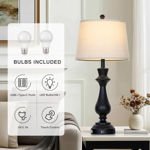 Touch Lamps for Night Stand - 29.5" Tall Bedside Lamp with USB C+A, 3 Way Dimmable Bedroom Lamps, Black Metal Table Lamps for Living Room,Single Black - color: Black-1P