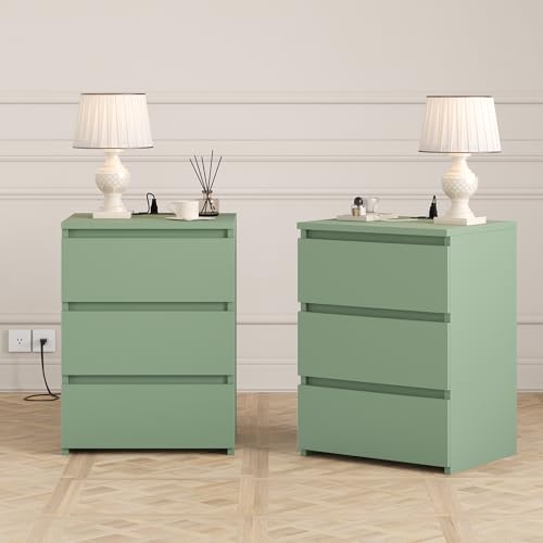 Keyluv 3 Drawers Nightstand Set of 2 with Charging Station, Modern Bedside Table with USB Ports, Sofa Side Table Night Stand with Storage, Sturdy End Table for Bedroom/Living Room/Home Office, Green - color: Green