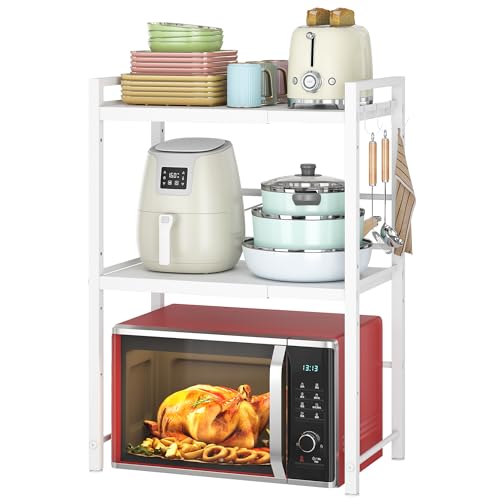 DOLALIKE Expandable Microwave Stand Kitchen Countertop Organizer, White | Adjustable Microwave Oven Rack Metal Storage Shelf with 3 Hooks for Pans Small Appliances Kitchen Utensils Tableware, 3-Ter - color: White, size: 3 Tier (Without Spice Rack)