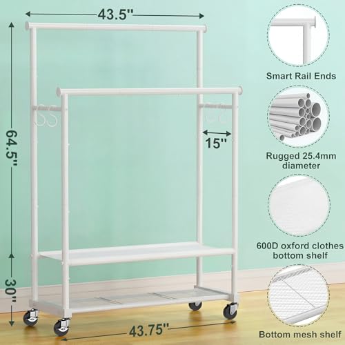 Double Rods Clothes Rack for Hanging Clothes, Heavy Duty Rolling Clothing Rack with Wheels, Freestanding Garment Racks with Oxford Bottom Shelf and Mesh Bottom Shelf for Bedroom Laundry (White) - color: White