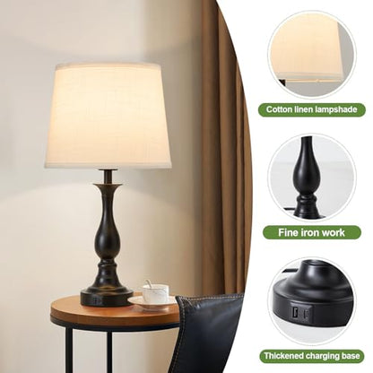 Bedside Table Lamp Touch Control Bedroom Lamps with USB A + C Charging Port 3 Way Dimmable Touch Lamps for Nightstand Living Room Bedroom Dorm Home Office Reading, Set of 2 (White Shade & Black Base) - color: White Shade & Black Base