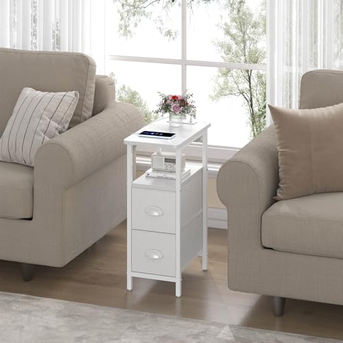 sthmec Narrow End Table with Charging Station, Narrow Side Table with 2 Fabric Drawers, Slim Nightstand, Skinny Bedside Table, Small Side Table for Small Spaces, Living Room, Bedroom, White - color: White, size: 7.87'' W x 15.75'' D x 24.37'' H, style: Po