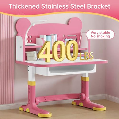 Kids Desk and Chair Set, Height Adjustable Child's School Study Writing Tables, Kids Desk with Bookstand and Storage Drawer, Widened Desktop with Desktop for Boys and Girls (Pink-F) - color: Pink-f