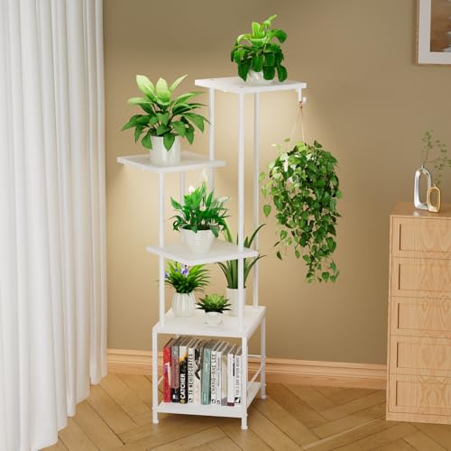 Homsorout Plant Stand Indoor with Grow Light - 5-Tier Metal Plant Shelf with Hanging Basket Hook, Corner Tall Flower Holder for Multiple Plants, Living Room Balcony Garden Patio, White - color: 5-Tiered White with grow light