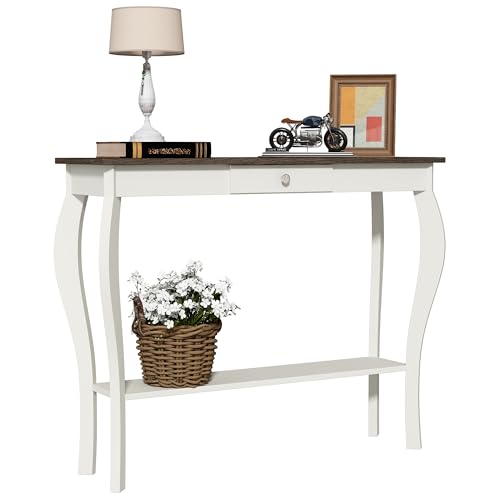 ChooChoo Narrow Farmhouse Console Table with Drawer, Chic Accent Sofa Entryway Table with Shelves for Entryway, Living Room, Hallway, Soft White - color: Soft White, size: 11.8"D x 39.3"W x 31.4"H