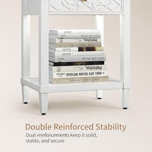 26" Night Stand with Drawers, Painted Bedside Table, Solid Wood Nightstand | Pine Leg and Solid Wood Frame Nightstand, Side Table End Table for Bedroom, Carved Pattern, Distressed White - color: Distressed White