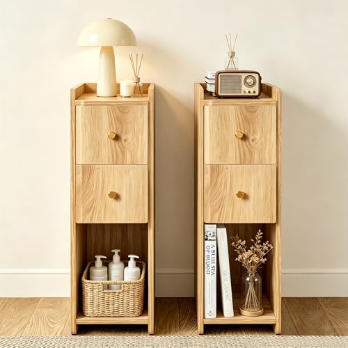 Narrow Nightstand Set of 2, Wooden Small 2 Drawer Nightstand, Slim Side End Table, Skinny Bedside Table, Mid Century Modern Night Stand with Drawers, for Living Room (Natural 2-2 pcs) - color: Natural 2-2 Pcs