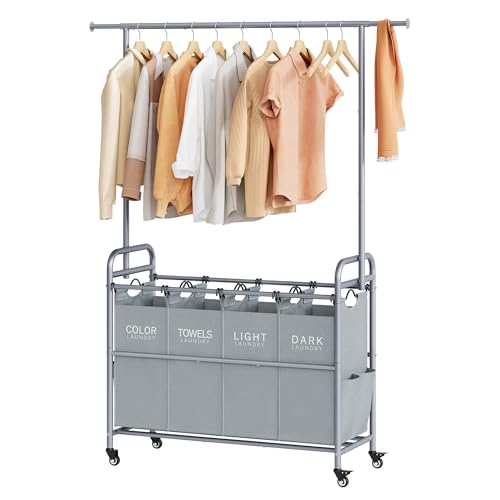 Laundry Sorter 4 Section, Laundry Basket with Hanging Rack, Gray | 196L Laundry Hamper with Hanging Rack and Heavy Duty Lockable Wheels, Rolling Laundry Cart for Bathroom, Bedroom, Home - color: Gray, size: 4 bag