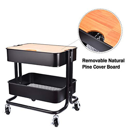 2-Tier Metal Utility Rolling Cart Storage Side End Table with Cover Board for Office Home Kitchen Organization, Black - color: A- Black
