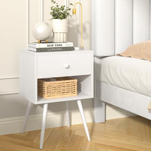 VECELO Nightstands Set of 2, Mid Century Modern End Bedside Table, Night Stand with Storage Drawer and 2 Tiers Open Shelf for Small Place, Bedroom, Living Room, Easy Assembly, Pure White - color: Pure White