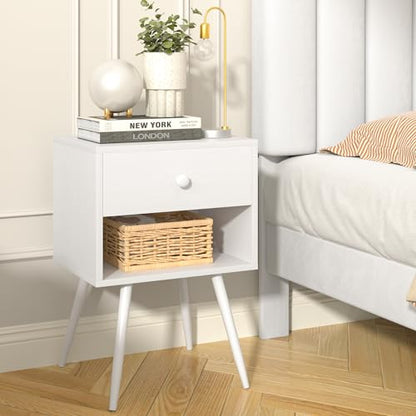 VECELO Nightstands Set of 2, Mid Century Modern End Bedside Table, Night Stand with Storage Drawer and 2 Tiers Open Shelf for Small Place, Bedroom, Living Room, Easy Assembly, Pure White - color: Pure White
