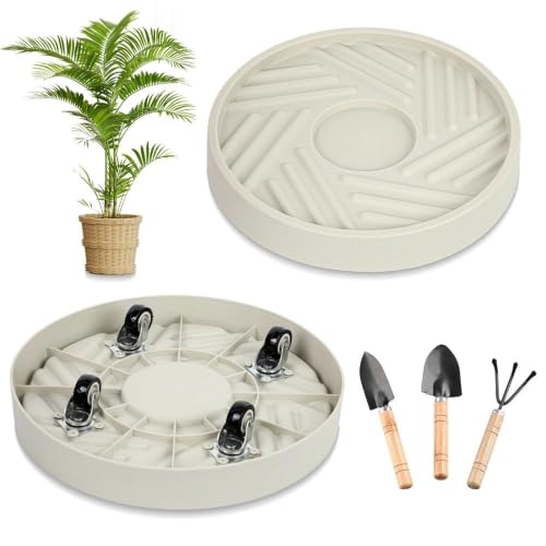 2 Pcs Plant Caddy with Hidden Wheels 14.76 Inch Heavy Duty Rolling Plant Stand, Indoor Outdoor Plant Saucer Tray with $9.9 Garden Tools (Gray) - size: 14.76 Inches of 2 Pack (Beige)