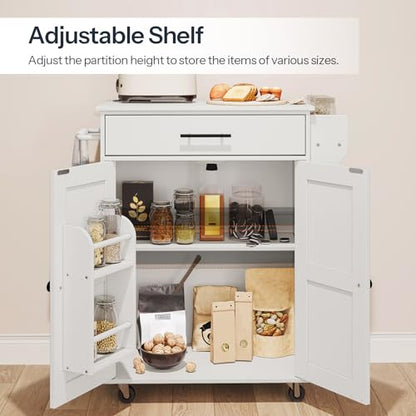 HOOBRO Kitchen Island with Power Outlet, Kitchen Storage Island with Large Worktop, Spice Rack and Drawer, Rolling Kitchen Island Cart on Wheels, for Kitchen and Dining Room, White WT88UZD01 - color: White