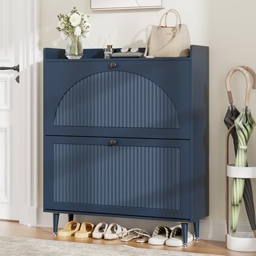 Shoe Storage Cabinet with 2 Flip Drawers, Shoe Organizer Storage with Adjustable Shelves, Freestanding Hidden Slim Narrow Shoe Rack Cabinet for Entryway, Foyer, Hallway, Living Room - color: Blue