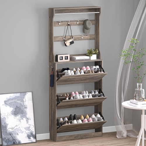 BORNOON Shoe Cabinet with 3 Flip Drawers & Coat Rack, Narrow Hidden Shoe Storage Cabinet, 2-in-1 Hall Tree Slim Freestanding Shoe Rack Organizer for Entryway, Hallway, and Living Room - color: Grey, size: 3 Drawers-Rack