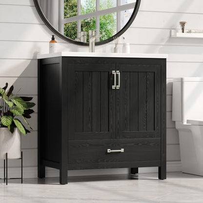 ONBRILL 30'' Bathroom Vanity with Single Sink Combo, Freestanding Bathroom Vanities with Resin Sink & Door Shelf, Farmhouse Storage Cabinet with 2 Soft Closing Door & Drawer (Black) - color: Black