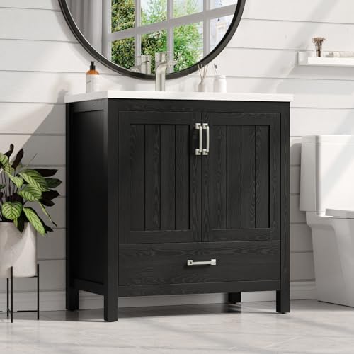 ONBRILL 30'' Bathroom Vanity with Single Sink Combo, Freestanding Bathroom Vanities with Resin Sink & Door Shelf, Farmhouse Storage Cabinet with 2 Soft Closing Door & Drawer (Black) - color: Black