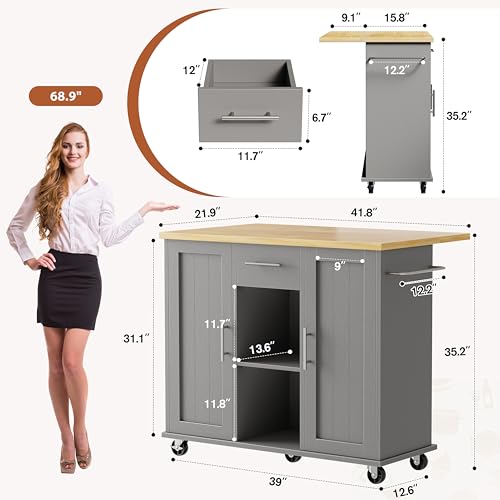 JY QAQA 42" Kitchen Island with Storage on Wheels, Rolling Table with Drop Leaf, Drawers, Cart Handle for Towel Rack or Free Movement, Gray - color: Grey