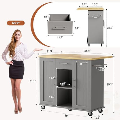 JY QAQA 42" Kitchen Island with Storage on Wheels, Rolling Table with Drop Leaf, Drawers, Cart Handle for Towel Rack or Free Movement, Gray - color: Grey