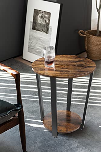 CASATOCA Round End Table, Metal Side Table, 2-Tier Industrial Sofa Table with Storage Rack, Stable and Sturdy Construction, Easy Assembly, Rustic Brown