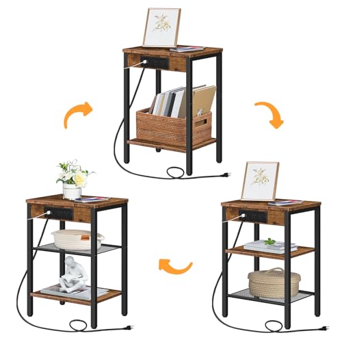 HOOBRO Side Tables Set of 2 with Charging Station and USB Port, Small End Tables for Small Space, 3-Tier Nightstands with Adjustable Shelf, for Living Room, Bedroom, Rustic Brown BF112BZP201 - color: Rustic Brown + Black