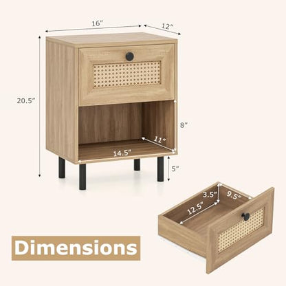 Giantex Rattan Nightstand with Drawer, Mid Century Modern Bed Side Table w/ 4 Metal Legs and Open Storage Shelf, Wood Boho End Table for Small Spaces, Night Stand for Bedroom Office, Natural - color: Natural