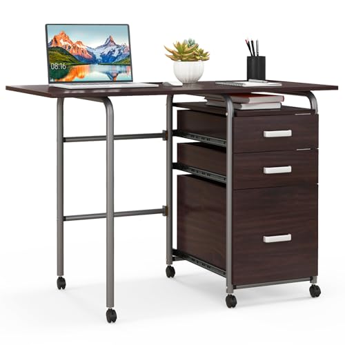 Giantex Folding Desk for Small Space, Rolling Home Office Desk with 3 Drawers & Lockable Universal Wheels, Mobile Study Writing Desk for Dorm Apartment Bedroom, Brown - color: Brown