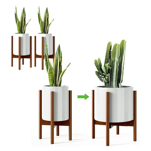 MUDEELA Plant Stand for Indoor, Bamboo Material, Dark Brown, 14.5 Inch Tall | Adjustable Width Fits 8-12 Inch Pot, Mid-century Modern Style, Single Tier Small Floor Plant Holder, 2 Pack, Without Pot - color: Dark Brown, size: 2 Pack - 14.5 Inch Tall